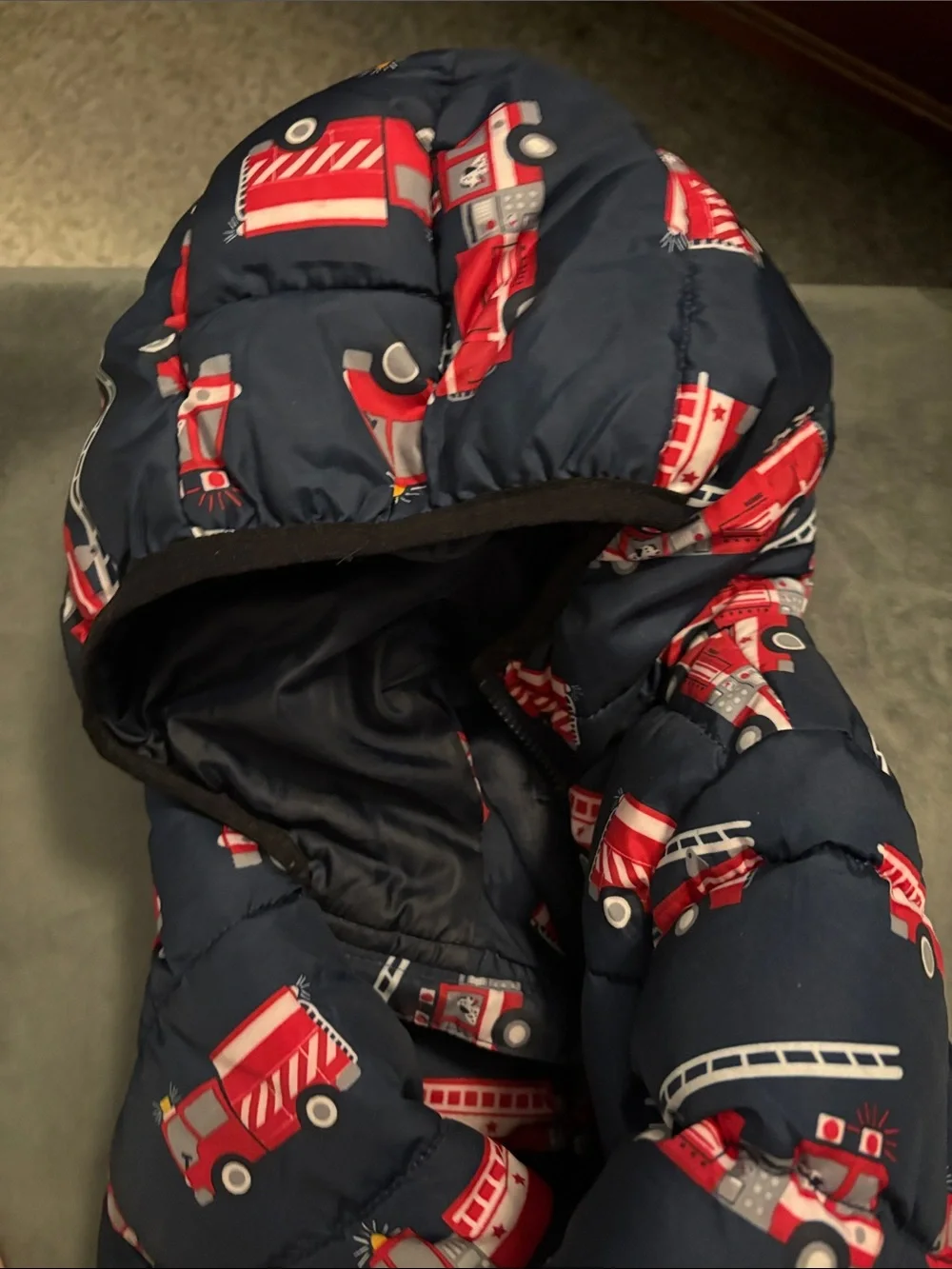 The Children's Place Navy Blue Hooded Puffer with Red Fire Truck Print
